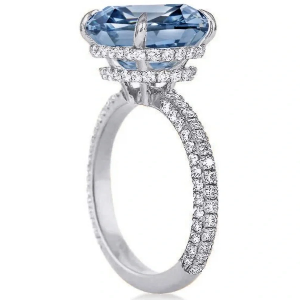 Italo Blue Topaz Ring Hidden Halo Cushion Cut Engagement Ring - Picture 1 of 11
